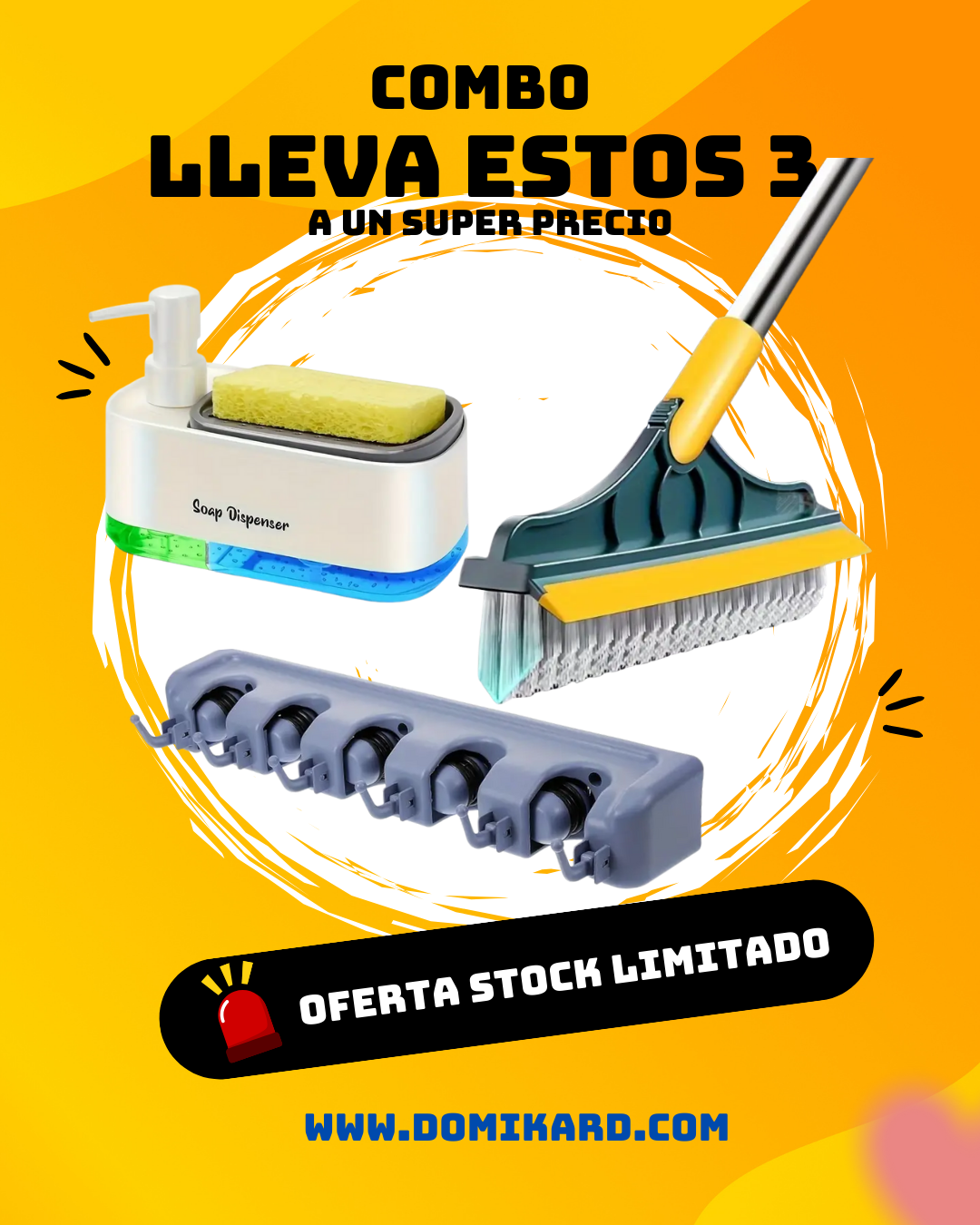 OFERTA ESCOBA MULTIUSOS+DISPENSADOR JABON+ SOPORTE PARED